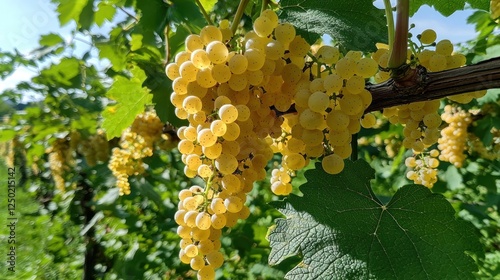 Golden Grapes Hanging from Vine in Vineyard photo