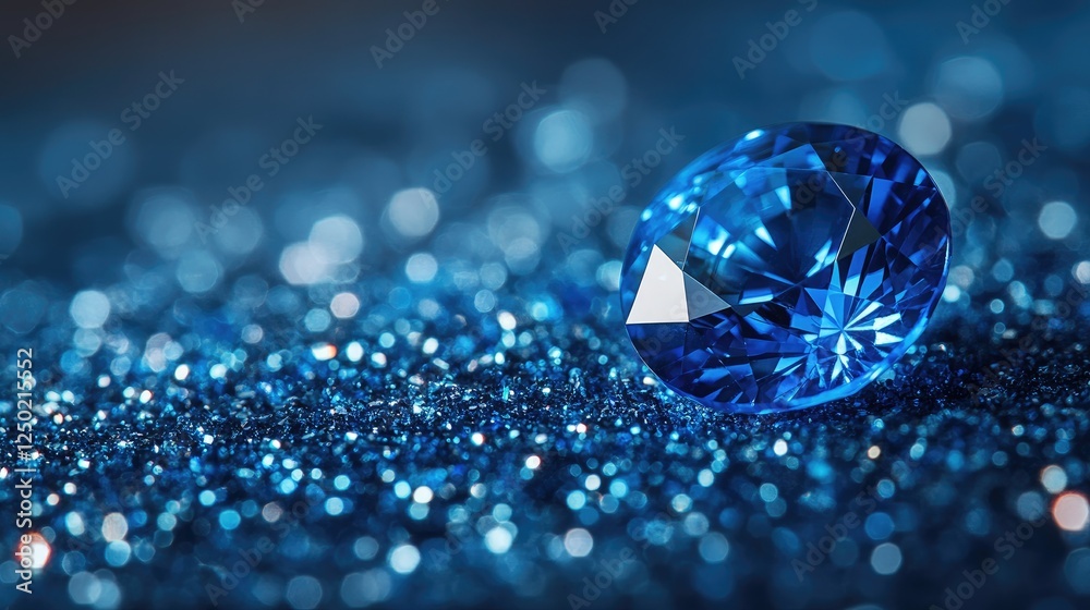 Close-up of a sparkling blue diamond resting on a bed of shimmering blue glitter Close-up of a sparkling blue diamond resting on a bed of shimmering blue glitter