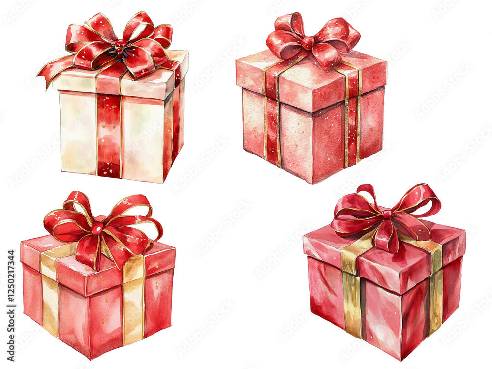 Fototapeta premium Watercolor Red Gift Boxes