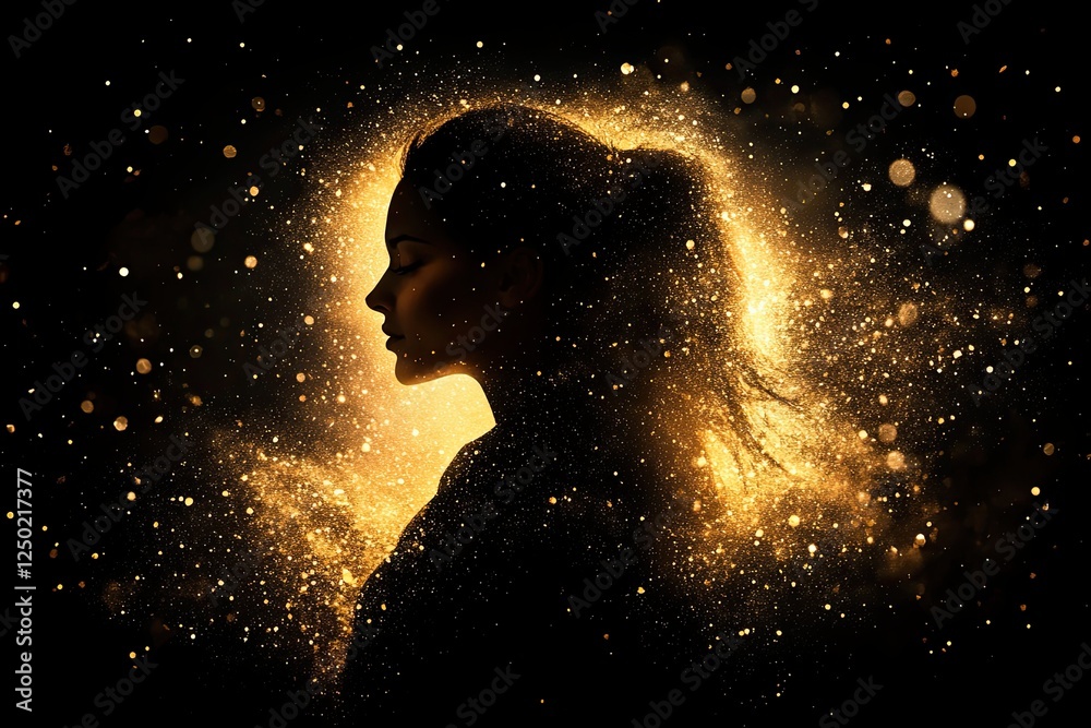 Fototapeta premium Empowerment through divine light cosmic empowerment glowing woman, cosmic energy of feminine strength, cosmic portrait with spiritual glow cosmic spirituality for mental wellness