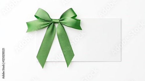 Elegant green ribbon adorning a blank gift card on a clean white background, ideal for celebrations