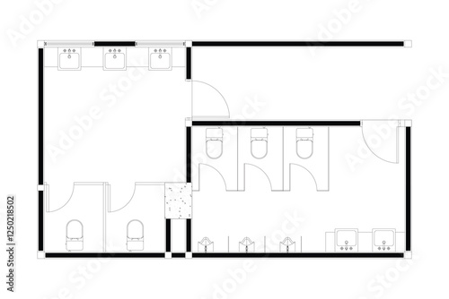 2 dimension of layout public toilet gent and ladies of interior design plan, black lines on white background. Set 3