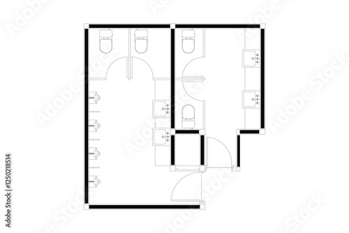 2 dimension of layout public toilet gent and ladies of interior design plan, black lines on white background. Set 5