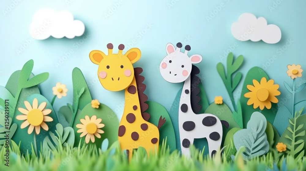 Naklejka premium Two playful paper giraffes in a vibrant landscape.