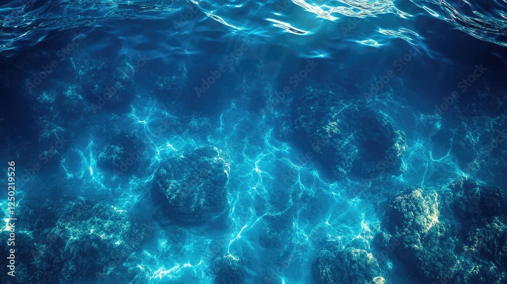 Fototapeta premium Underwater scene showcasing clear blue water over rocky seabed with sunlight filtering through