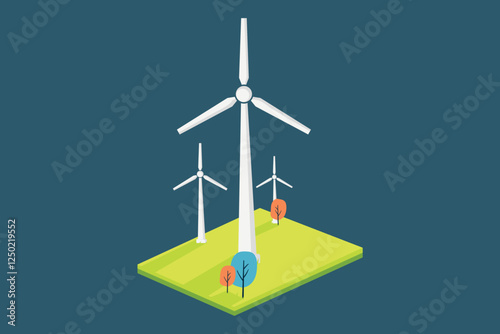 Isometric graphic of a wind farm with trees. Ideal for presentations, infographics, and eco-friendly designs.