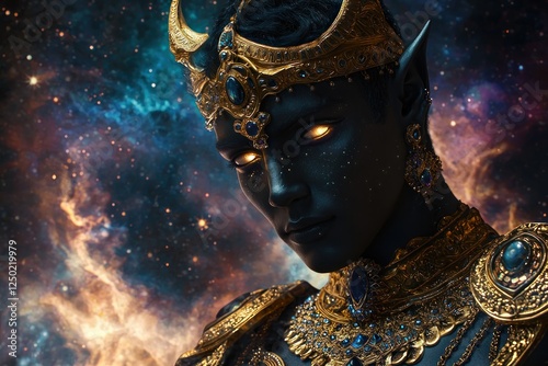 mythical divine portrait, powerful dark-skinned celestial being with serpentine features adorned in ornate golden armor photo