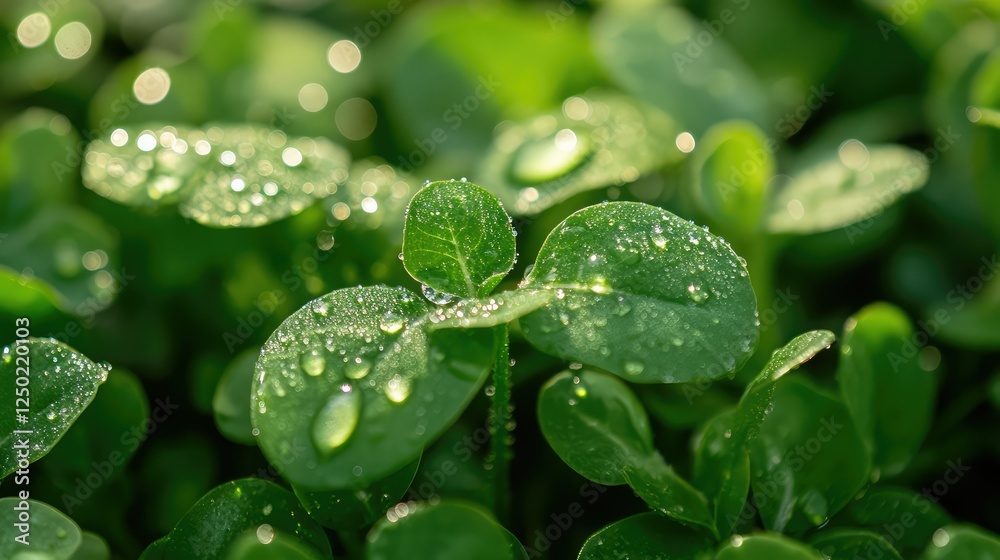Fototapeta premium Fresh Green Leaves with Water Droplets in Natural Light Showcasing the Beauty of Nature Details and Vibrant Colors, Perfect for Eco-Friendly and Wellness Themes