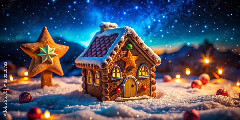 Fototapeta premium Magical Gingerbread House Night Long Exposure Starry Sky