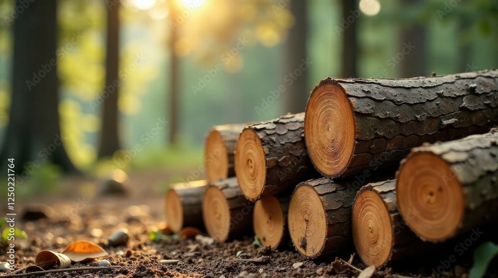 Forest Lumber Stacked in Sunlight Rustic Wood Logs in a Natural Setting Forest Lumber Stacked in Sunlight Rustic Wood Logs in a Natural Setting