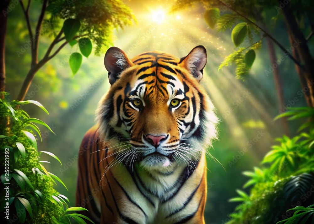 Fototapeta premium Majestic Bengal Tiger in Lush Jungle Habitat - Wildlife Stock Photo
