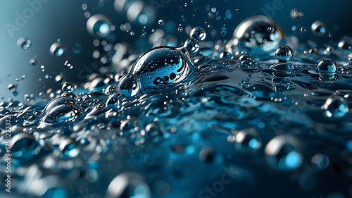 High-resolution close-up of oxygen bubbles rising in clear blue mineral-enriched water for refreshing hydration