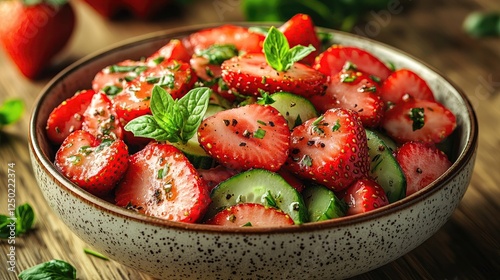 Freshly prepared strawberry and cucumber salad garnished with mint leaves on a wooden table