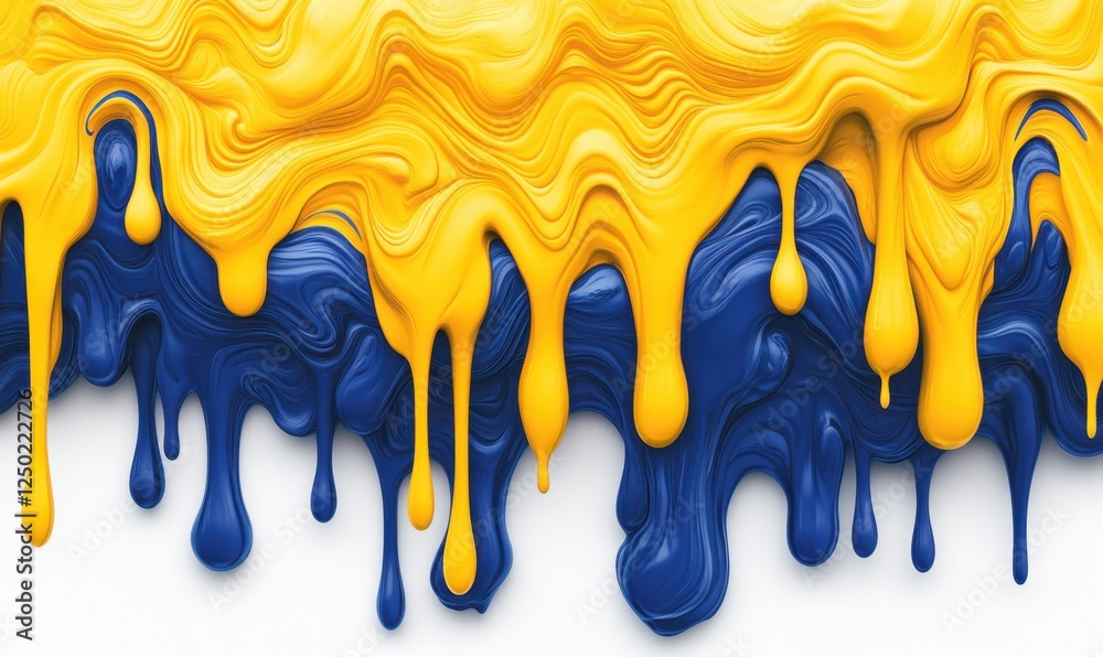 Abstract yellow and blue paint drips, flowing texture, white background, design element Abstract yellow and blue paint drips, flowing texture, white background, design element