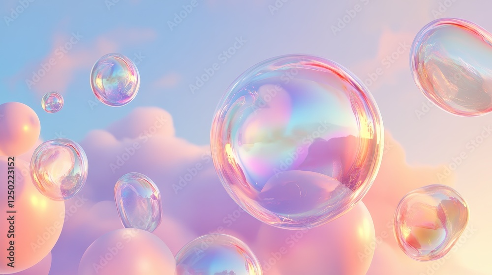 Ethereal Soap Bubbles Floating in Dreamy Pastel Sky Abstract Background with Iridescent Reflections. Ethereal Soap Bubbles Floating in Dreamy Pastel Sky Abstract Background with Iridescent Reflections.