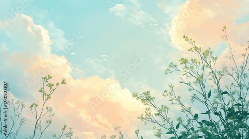 Wallpaper Mural Dreamy Sky with Flowers Illustration, Pastel Colored Clouds and Serene Atmosphere Torontodigital.ca