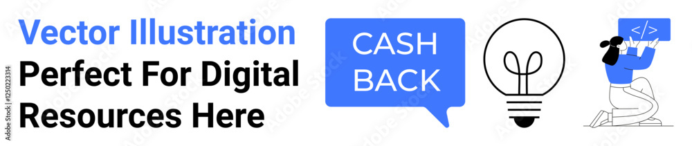 Cashback text bubble, glowing lightbulb for idea generation, individual coding on screen. Ideal for finance, tech, education, innovation, business creativity, user experience flat landing page Cashback text bubble, glowing lightbulb for idea generation, individual coding on screen. Ideal for finance, tech, education, innovation, business creativity, user experience flat landing page
