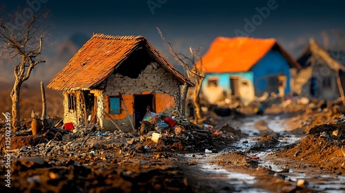 Earthquake s Aftermath Devastated Rural Village Stands in Ruins Highlighting the Hardships and Resilience of Impoverished Communities Facing Natural Disasters photo