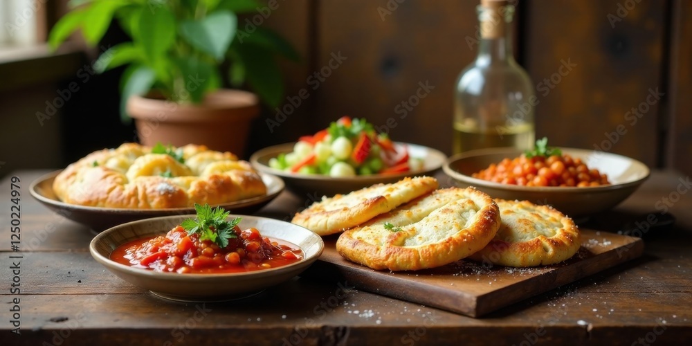 A Rustic Table Setting Featuring Baked Flatbreads, Savory Stews, and a Fresh Salad A Rustic Table Setting Featuring Baked Flatbreads, Savory Stews, and a Fresh Salad