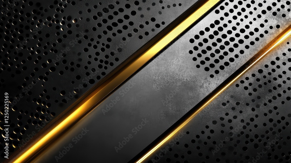 Sleek Abstract Background with Black Perforated Metal, Gold Accents and Grey Panel - Modern Texture Design. Sleek Abstract Background with Black Perforated Metal, Gold Accents and Grey Panel - Modern Texture Design.