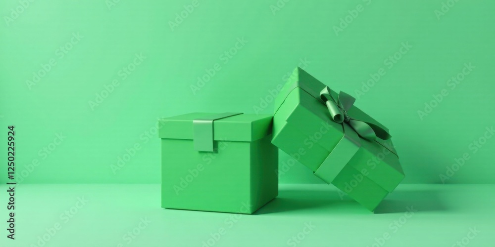Obraz premium Two Green Presents on a Green Background A Festive Minimalist Scene