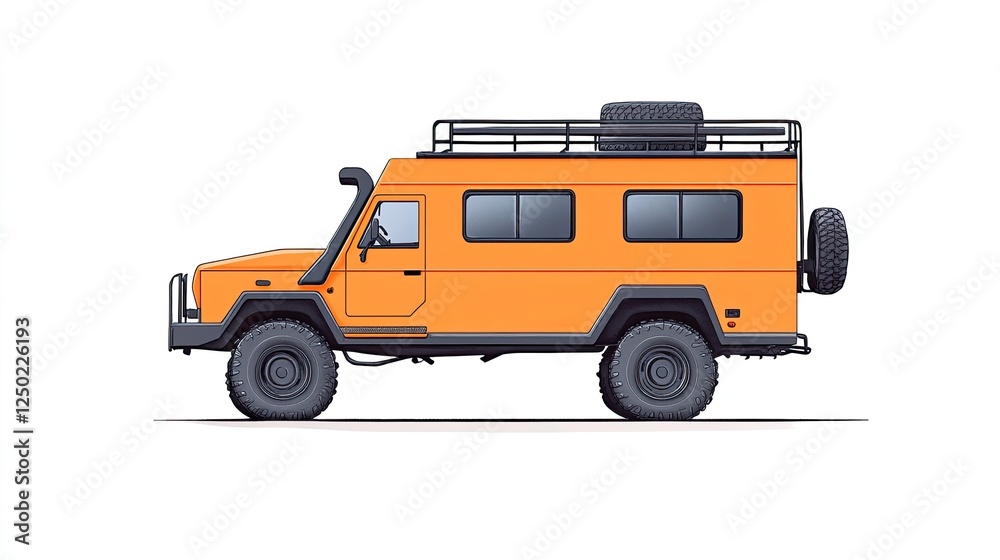 Orange off-road vehicle parked on a white background, showcasing its rugged design and features Orange off-road vehicle parked on a white background, showcasing its rugged design and features