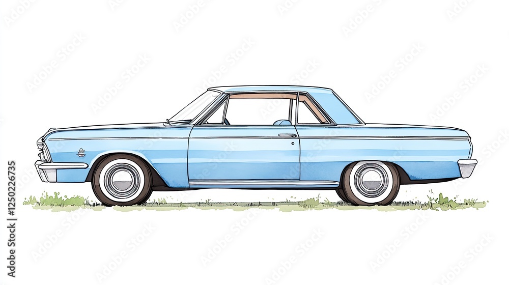 Classic blue car illustration parked on grass, showcasing vintage design and simplicity Classic blue car illustration parked on grass, showcasing vintage design and simplicity