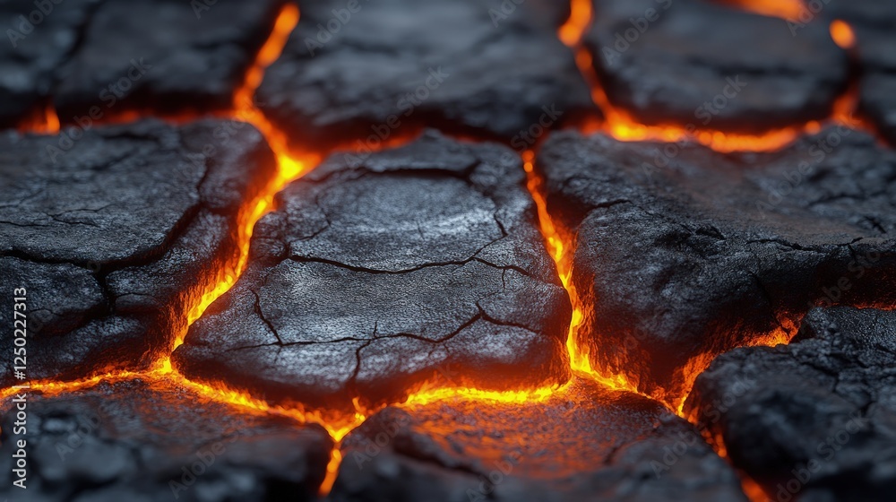 Glowing lava cracks illuminating a dark volcanic landscape at dusk, showcasing nature's power Glowing lava cracks illuminating a dark volcanic landscape at dusk, showcasing nature's power