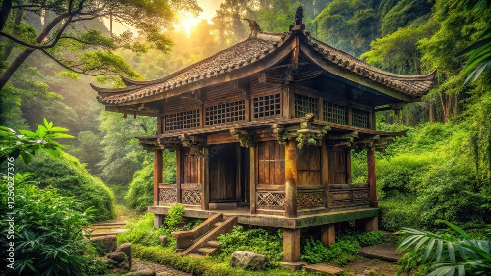 Ancient wooden structure nestled among lush greenery in a warm sepia-toned background with intricate carvings and weathered wood details, environment, traditional building Ancient wooden structure nestled among lush greenery in a warm sepia-toned background with intricate carvings and weathered wood details, environment, traditional building
