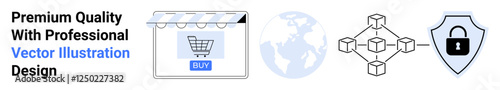 Online shopping storefront with cart, blockchain network connections, global symbol, and secured shield lock. Ideal for e-commerce, blockchain, online security, fintech, digital business global