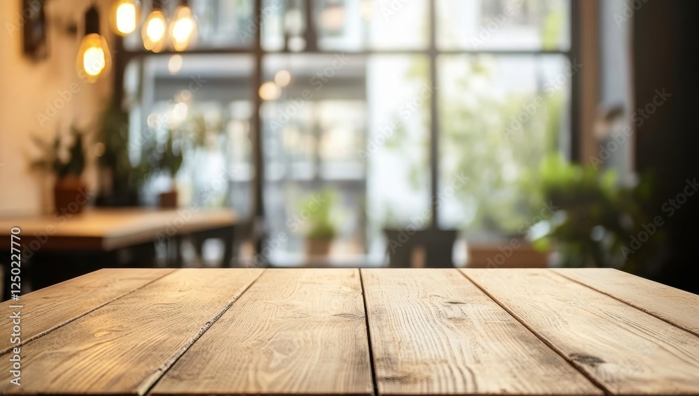 Empty wooden table in cafe with city view Empty wooden table in cafe with city view