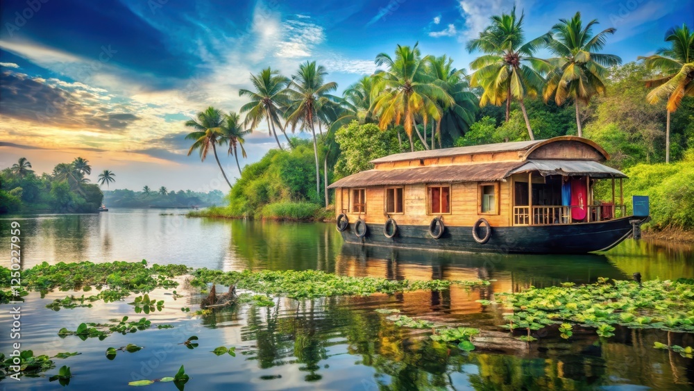 Obraz premium Traditional Houseboat floating serenely amidst lush greenery and vibrant water lilies on the tranquil backwaters of Alappuzha , nature, green