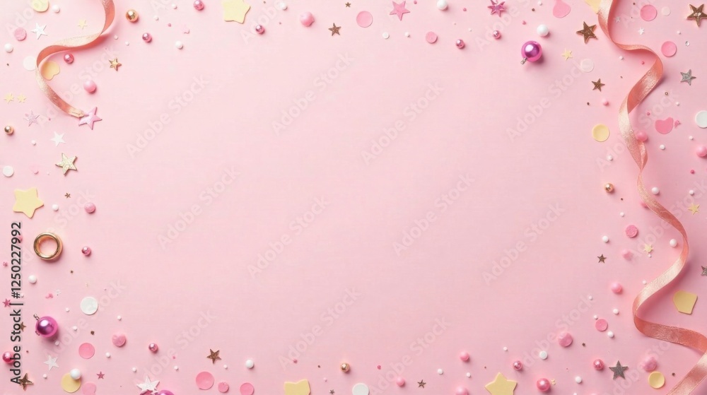 Pink Festive Background with Confetti and Ribbon Border Pink Festive Background with Confetti and Ribbon Border