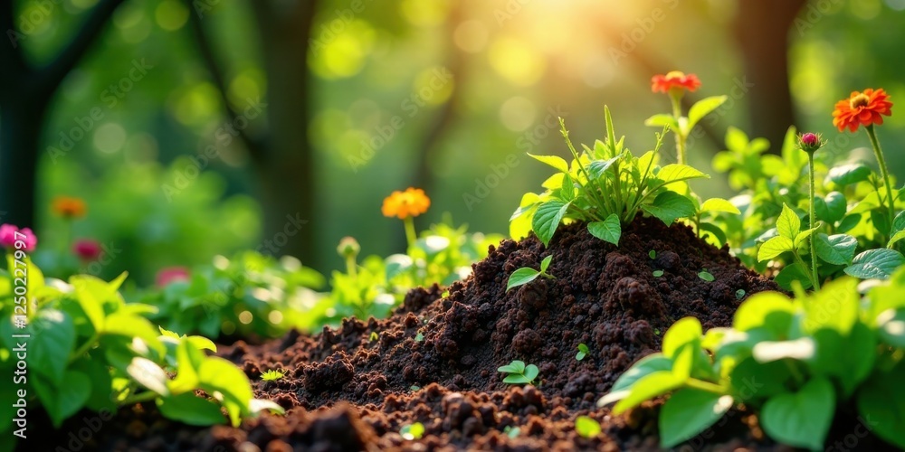 Vibrant young plants thriving in rich soil bathed in sunlight, surrounded by colorful blossoms in a lush garden setting. Vibrant young plants thriving in rich soil bathed in sunlight, surrounded by colorful blossoms in a lush garden setting.