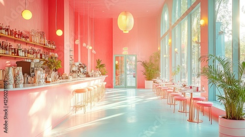 Bright and modern cafe interior featuring pink decor, bar area, and large windows with greenery