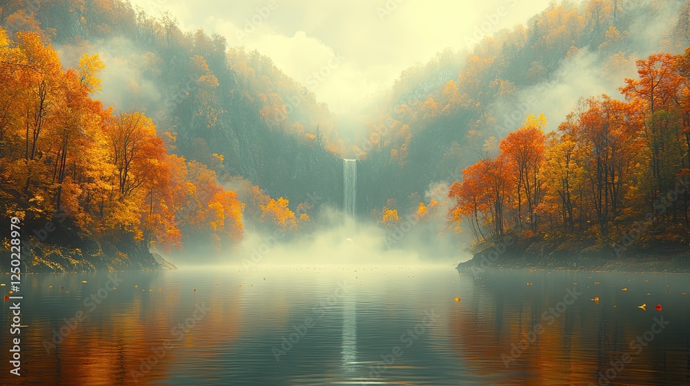 Serene autumn landscape featuring a tranquil lake with a waterfall surrounded by colorful trees Serene autumn landscape featuring a tranquil lake with a waterfall surrounded by colorful trees
