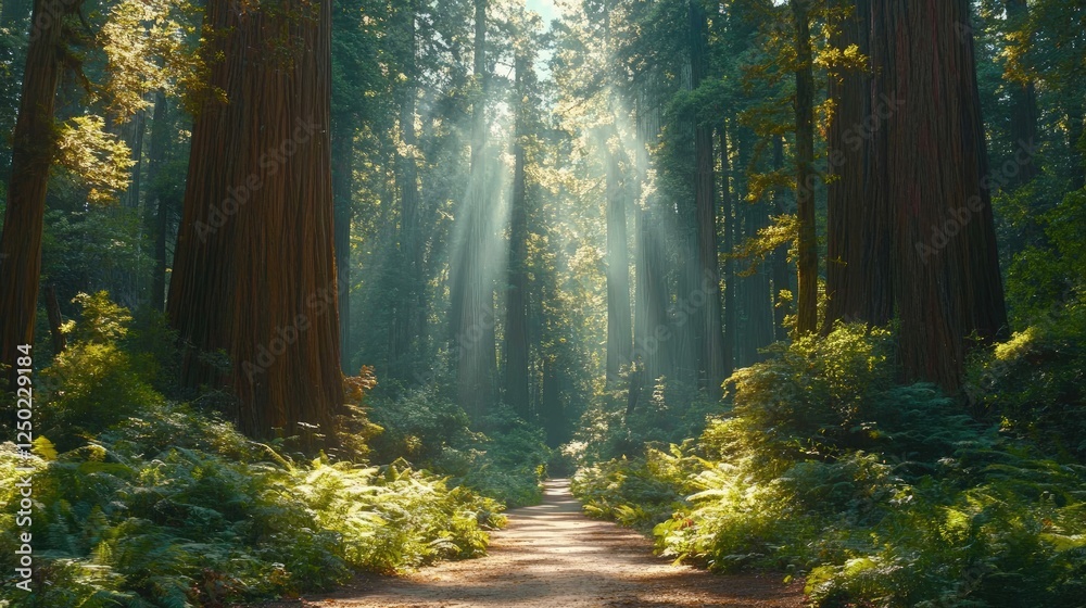 Obraz premium Serene forest path illuminated by sunlight filtering through towering trees and lush greenery