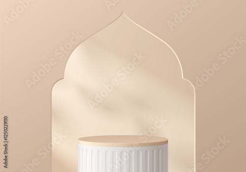 3D beige podium background with gate mosque shape in Ramadan Kareem concept. Abstract composition in minimalist design. Studio display showroom cosmetic stand product pedestal, Fashion stage showcase.