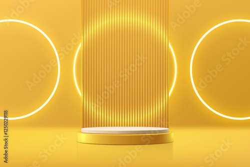 3D yellow round podium background with glow circle neon light. Abstract composition minimalist design. Studio display showroom cosmetic stand product pedestal, Fashion stage showcase mockup wall scene