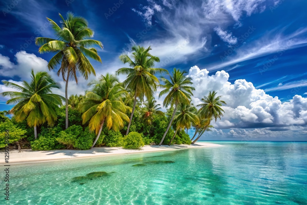 Obraz premium Maldives Paradise: Panoramic View of Palm Trees, White Sand Beach, and Turquoise Ocean under Sunny Sky
