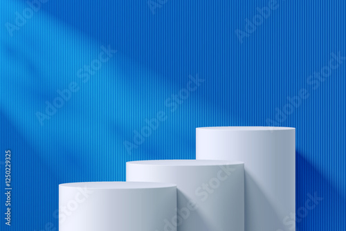 3D round white podium on blue background with light n shadow. Abstract geometric composition in minimalist design. Studio display showroom stands product pedestal, Fashion stage showcase mockup scene.