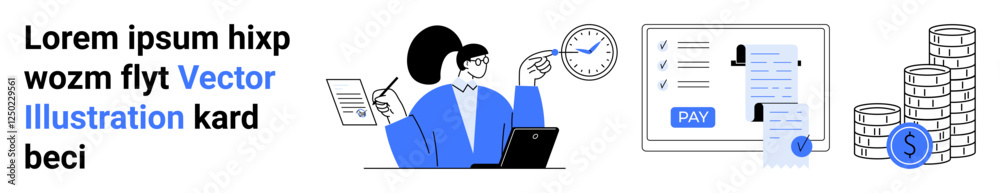 Professional woman interacting with tasks, clock symbolizing time management, digital payment receipt, and stacked coins representing financial gains. Ideal for finance, time management Professional woman interacting with tasks, clock symbolizing time management, digital payment receipt, and stacked coins representing financial gains. Ideal for finance, time management