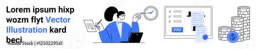 Professional woman interacting with tasks, clock symbolizing time management, digital payment receipt, and stacked coins representing financial gains. Ideal for finance, time management