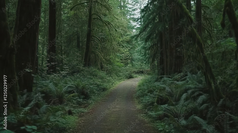 Obraz premium Tranquil Pathway Through a Lush Green Forest with Ferns and Mossy Trees