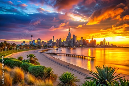 Melbourne Sunset Skyline St Kilda Bokeh - Stunning Victorian Cityscape photo