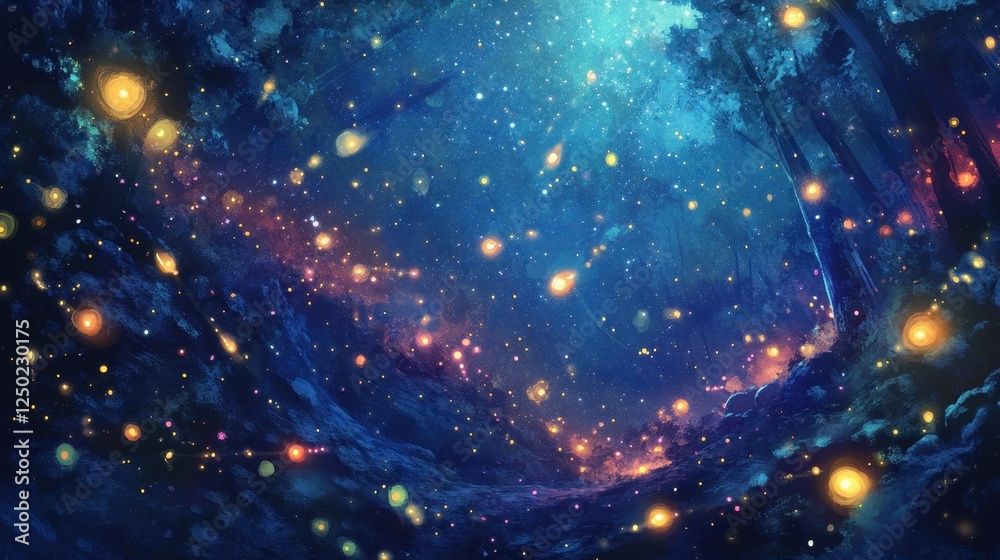 Enchanted Forest Nightscape Ethereal Glowing Lights Under a Starry Sky, Digital Painting. Enchanted Forest Nightscape Ethereal Glowing Lights Under a Starry Sky, Digital Painting.