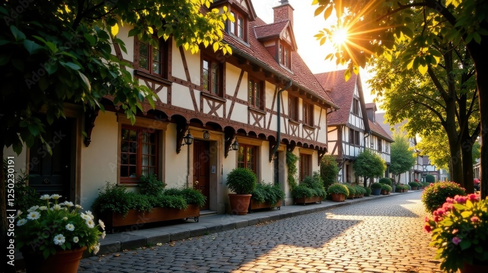 Fototapeta premium Idyllic cobblestone street lined with charming half-timbered houses bathed in golden sunlight