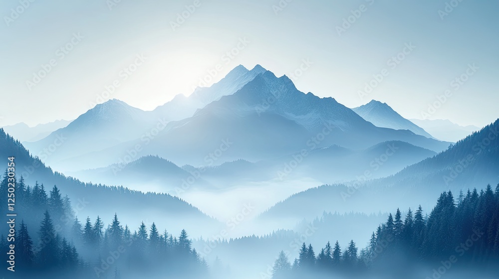 Serene Mountain Landscape at Dawn with Misty Forest and Soft Blue Tones in Background Serene Mountain Landscape at Dawn with Misty Forest and Soft Blue Tones in Background
