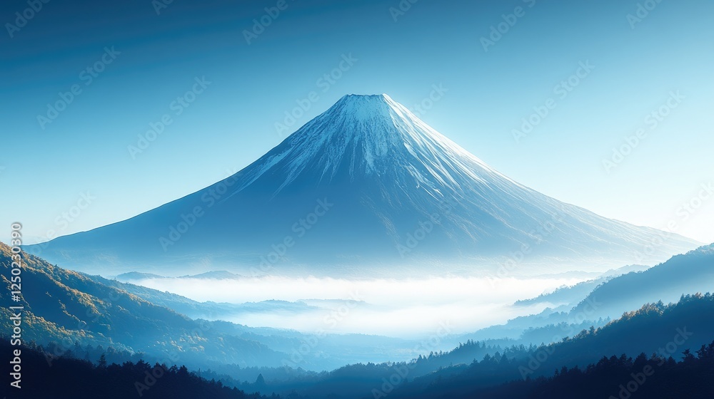 Majestic snow-capped mountain towering over misty valleys at dawn, serene landscape view Majestic snow-capped mountain towering over misty valleys at dawn, serene landscape view
