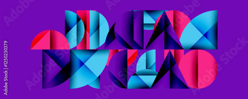 Abstract geometric background with layered gradient shapes forming dynamic patterns. Overlapping semi circles and triangles create depth and contrast